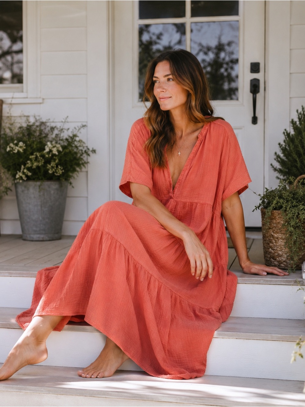 Anthropologie Coral-Red Tiered V-Neck Maxi Dress